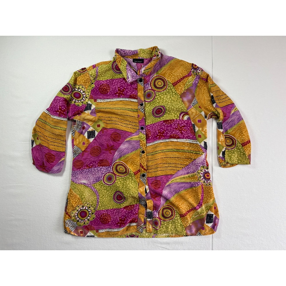 Front Street Womens Abstract Geometric Patchwork Button Down Shirt 3/4 Sleeve XL